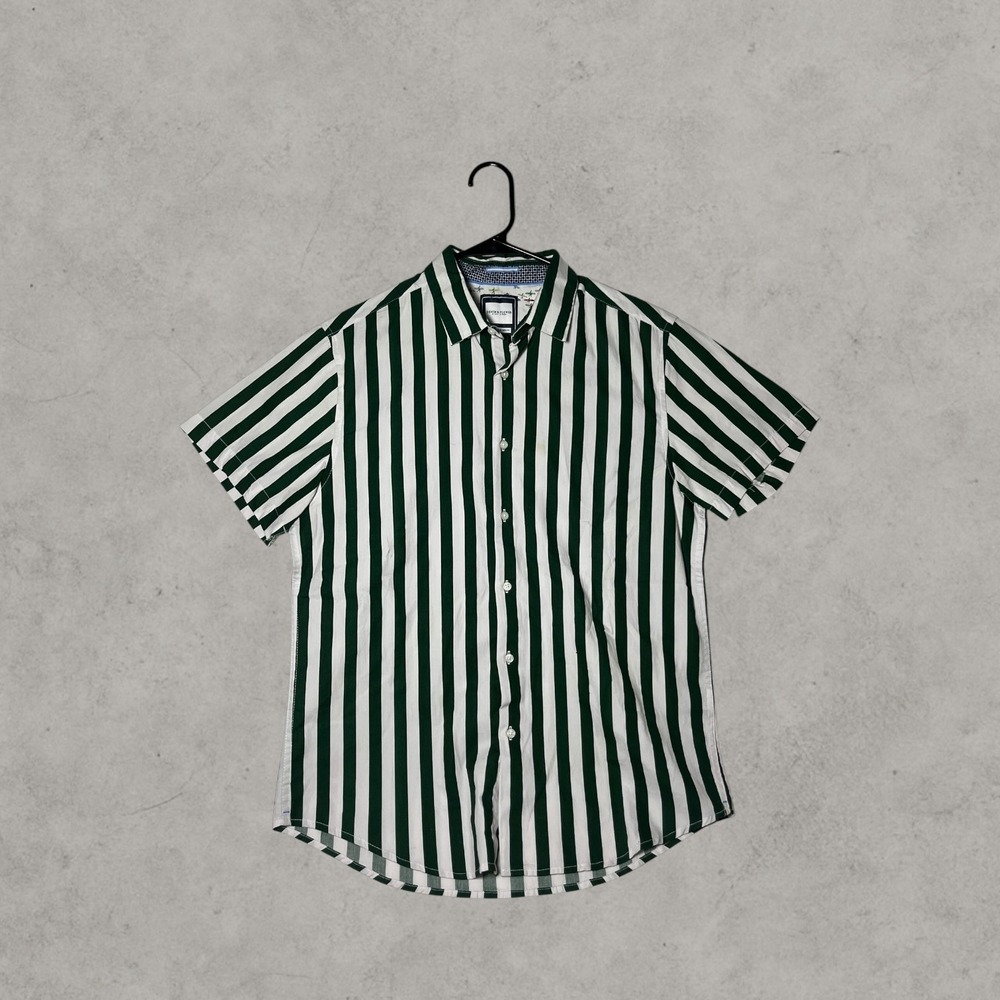 Denim & Flower Ricky Singh Mens Medium Green White Striped Short Sleeve Shirt